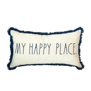 Pillow, "My Happy Place" White with Navy Fringe