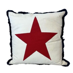 Pillow, Red Star with Navy Fringe and Stripe Back